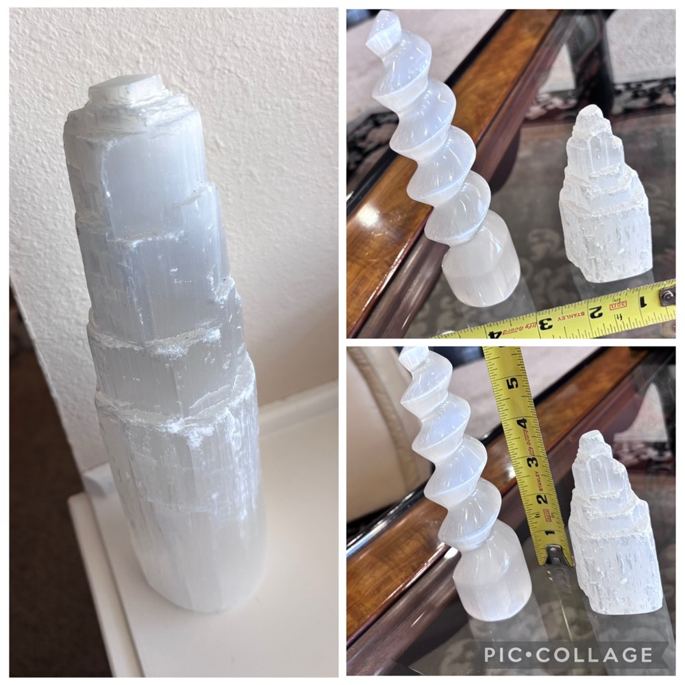 3 crystal selenite towers /carved spiral